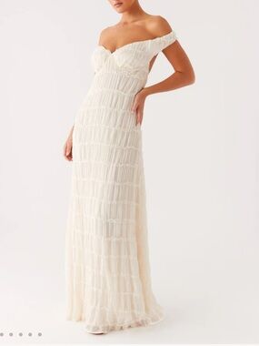 Peppermayo Cream Off-Shoulder Ruched Maxi Dress